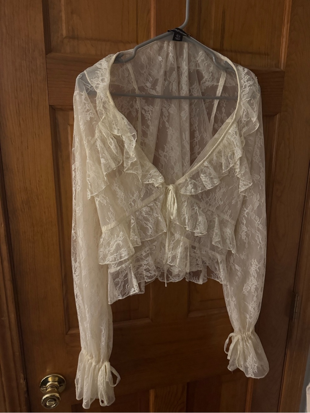 PrettyLittleThing Cream Lace Ruffle Tie-Front Blouse